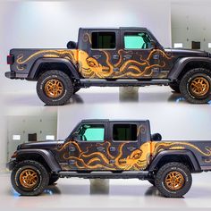 two pictures of a jeep with an octopus painted on it