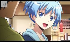 an anime character with blue hair talking to another person in a kitchen, and the caption reads'a summer festival?