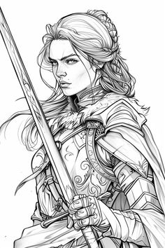 Beautiful Warrior Princess Coloring Page jack Female Warrior Drawing Reference, Powerful Women Sketch, Warrior Princess Drawing, Warrior Girl Drawing, Dnd Coloring Pages, Female Warrior Drawing, Fantasy Drawing Ideas, Warrior Woman Tattoo, Warrior Princess Tattoo