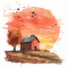 a painting of a red barn with birds flying in the sky above it and an orange sunset behind it