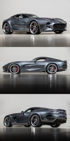 three different views of a sports car with red rims and chrome paint on it