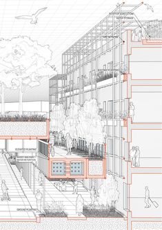 an architectural drawing shows the inside of a building with several floors and walls, as well as