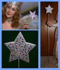 a collage of photos including a woman in costume and a star