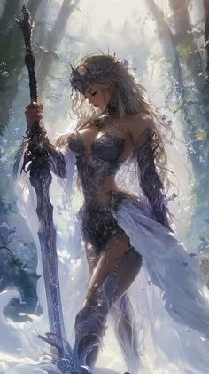 A radiant warrior woman stands in a serene, enchanted forest, bathed in soft, diffused light. Her intricate armor is seamlessly woven with nature, adorned with delicate vines and floral motifs that seem to grow directly from her body. The soft, flowing fabric of her garments drapes elegantly around her, contrasting with the sharp, resilient edges of her armor. She gazes thoughtfully downward, her stance both powerful and graceful, gripping an intricately designed sword that glows faintly in the light. The lush surroundings and her ethereal appearance create a harmonious blend of strength and nature, suggesting a guardian figure deeply connected to the natural world she protects. Dragon Armor Art, Forest Fairy Art, Fairy Powers, Monster Woman, Intricate Armor, Dragon Woman, Female Concept Art, Warrior Dragon, Moon Stars Art