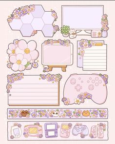 a bunch of items that are on top of a paper sheet with flowers and other things