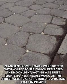 an image of a stone road with the quote in ancient rome roads were dotted with white stones, which reflected the moonlight acting as street lights to help people walk on the street