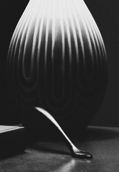 a black and white photo of a vase with a spoon