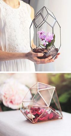 two pictures one with flowers and the other with plants in glass vases on table