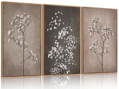 three framed art pieces with flowers on them