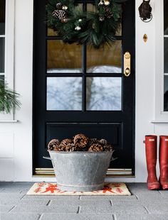 a bucket filled with pine cones sitting in front of a door