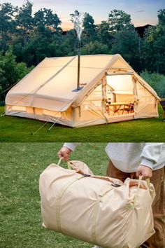 a man holding a bag in front of a tent