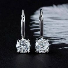 Real Moissanite 2.00Ct Round Drop Dangle Earrings 14K White Gold Plated Silver | eBay Diamond Earrings For Women, Jewellery Marketing, Solitaire Earrings, Classic Earrings, White Gold Wedding Rings, Moissanite Earrings, Leverback Earrings, Jewelry Ring Box, Drop Dangle Earrings