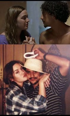 two different pictures with one man holding a hat and the other woman wearing a straw hat