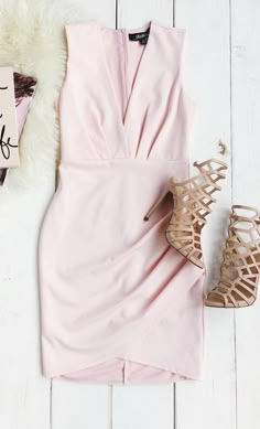 It's time to slip into the Cocktail Hour Blush Pink Wrap Dress and order your favorite thing to sip on! Sleeveless bodice has a subtle surplice neckline and pleating above a fitted skirt with wrap detail, in a medium-weight knit fabric.  #lovelulus Beige High Heels, Pink Wrap Dress, Pink Cocktail, Shoe Ideas, Pink Cocktail Dress, Satin Short, Dress Classy, Short Homecoming Dress, Homecoming Dress