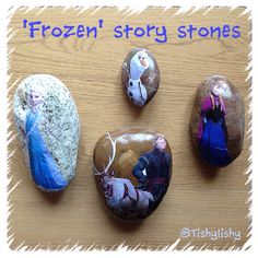 three frozen story stones are sitting on a table