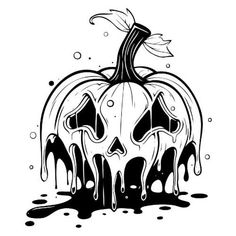 a black and white drawing of a pumpkin with melted paint on it's face