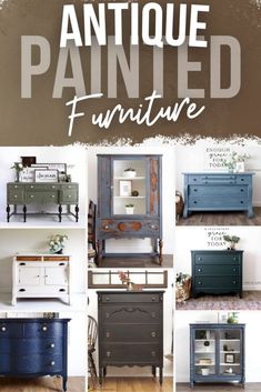 an old dresser is painted in blue and white with the words antique furniture on it