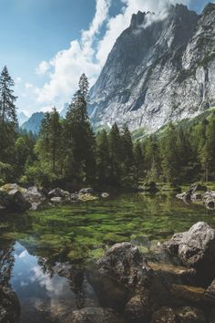 a mountain lake surrounded by trees and rocks