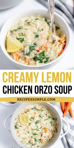 creamy lemon chicken orzo soup with carrots and spinach