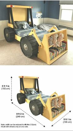 the bed is made to look like a dump truck with books in it and stuffed animals inside