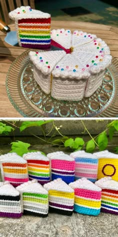 there are several cakes on the table and one is made out of crochet