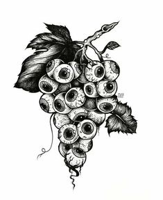 a bunch of grapes with googly eyes and leaves on the vine, drawn in black ink