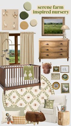 A mood board featuring farm inspired nursery decor. A wooden crib, a rocking chair and lots of cute farm decor. The color scheme is green, yellow and soft neutrals. Farm Themed Nursery, Nursery Mood Board, Farm Nursery Theme, Christmas Posts, Baby Nursery Inspiration, Baby Room Themes, Baby Nursery Neutral