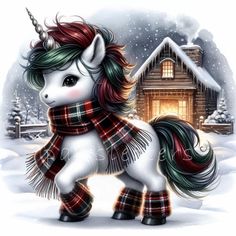 a painting of a unicorn with a scarf around it's neck standing in the snow