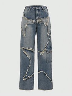 Lavado ligero  Collar  Tela tricotada Liso Pierna recta Embellished No-Elástico Baggy Jeans Design Ideas, Baggy Cute Clothes, Jean Chains Aesthetic, Cute Jeans For School, Clothes No Background, Pants White Background, Unrealistic Clothing, Cute Baggy Jeans, Clothes Moodboard