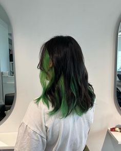 Idea For Color Hair, Peekaboo With Black Hair, Black Hair Green Peekaboo, Peekaboo Hair Medium Length, Back Hair Color Ideas, Ideas Color Hair, Short Undercut Colored Hair, Green Color Hair Ideas, Colors You Should Dye Your Hair