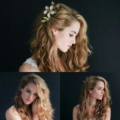 three photos of a woman with long hair and flowers in her hair, wearing a tiara