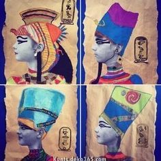 four different pictures of an egyptian woman wearing headdress and turbans with writing on them