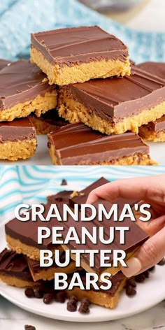 chocolate peanut butter bars stacked on top of each other with the text grandma's peanut butter bars