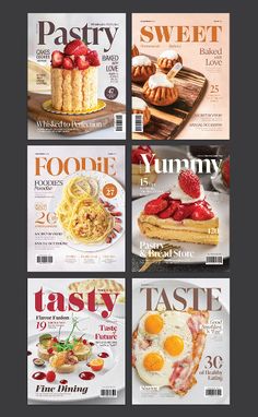 four magazine covers with different foods and desserts on the front, one is for pastry