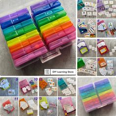 many different colored plastic boxes with numbers and magnets