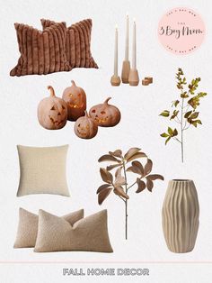 fall home decor with pumpkins, candles and other things to decorate for the holiday season