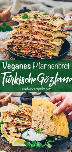 vegan quesadillas stacked on top of each other with text overlay