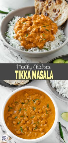 healthy chickpea tikka masala served with rice and cucumber