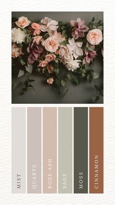 A color palette featuring soft earth tones: brown, moss green, sage green, muted rose, blush, and grey. These harmonious and natural hues create a soothing and elegant combination, perfect for branding, design projects, or weddings. Green Home Colour Palette, Moss Green Color Palette Wedding, Blush Pink And Olive Green Wedding, Sage Pallet, Neutral Green Color Palette, Colour Palette Brown, Earthy Tones Wedding, Colour Palette Autumn, Branding Colour Palette