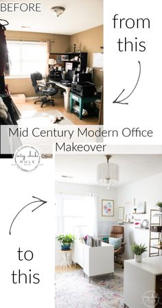 the before and after shots of an old century modern office makeover, with text overlay