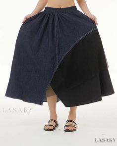 Lasaky - Stylish Denim Mesh Patchwork Loose Midi Skirt with Sleek Design Elements Skirt Fabric, Denim Chic, Half Skirt, Blue Skirt, Types Of Skirts, Color Style, A Line Skirt, A Line Skirts, Sleek Design