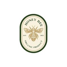 the honey bee organic product logo is shown in green and white, with an image of a