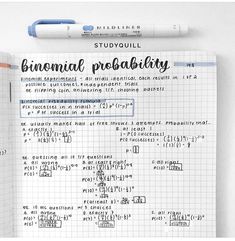 a notebook with some writing on it and a pen in front of the page that says,'binominal probability '