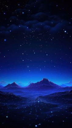 the night sky is full of stars and clouds, with mountains in the foreground