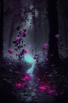 a dark forest filled with lots of pink flowers and glowing green leaves on the ground