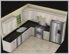 a computer rendering of a kitchen with white cabinets and stainless steel appliances, black counter tops