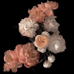 an arrangement of pink and white flowers against a black background