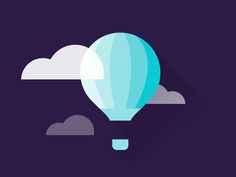 a hot air balloon floating in the sky with clouds around it, on a purple background