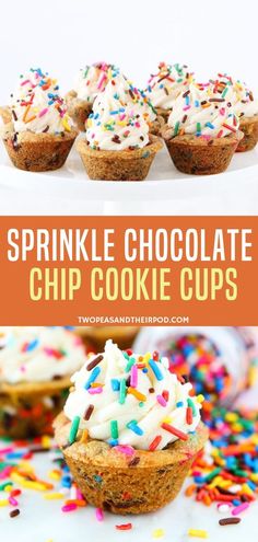 sprinkle chocolate chip cookie cups with white frosting and sprinkles