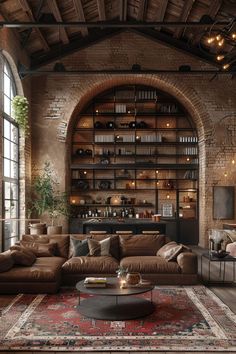 a living room filled with lots of furniture and bookshelves next to a window